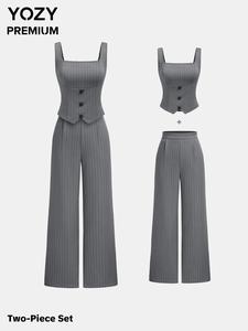 YOZY Two-Piece Set Women's Striped Print Tank Top & Wide Leg Pants, Elegant Fashion Casual Outfits for Daily Outdoor Wear, Women Clothes for All Seasons, Womenswear