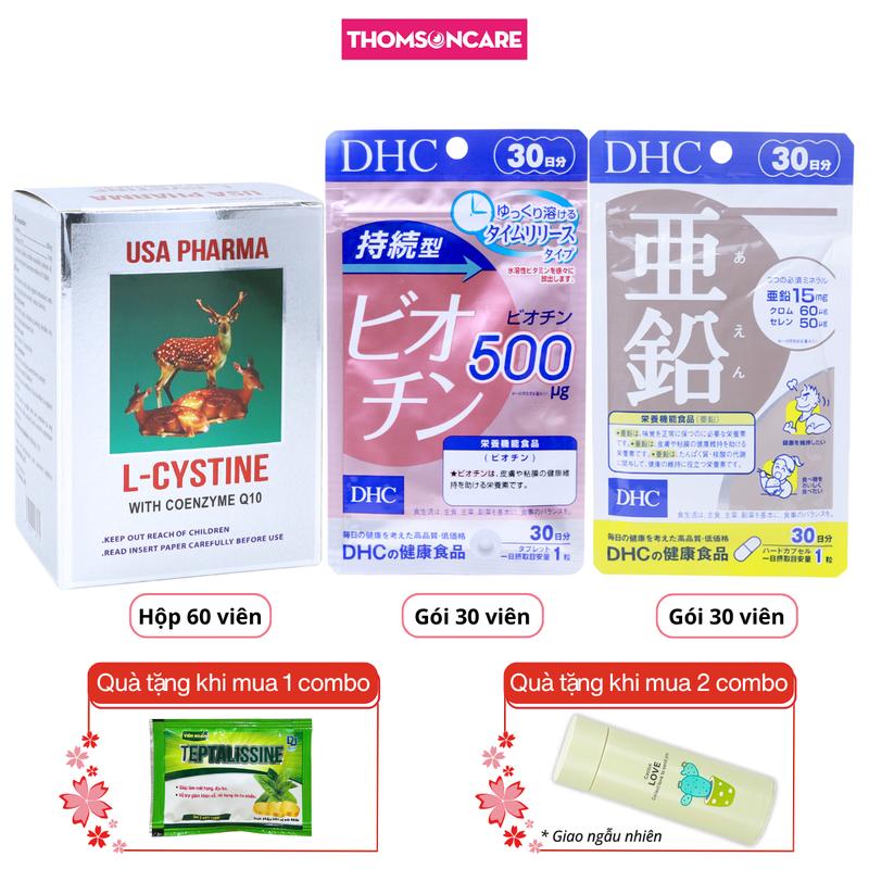 Viên uống L cystine 60 viên Kẽm DHC 30 viên và Biotin DHC 30 viên combo cho người bị mụn rụng tóc nhiều bổ sung dưỡng chất cho tóc và da Mua 1 combo tặng 1 gói kẹo ngậm ho mua từ 2 combo tặng 1 bình nước