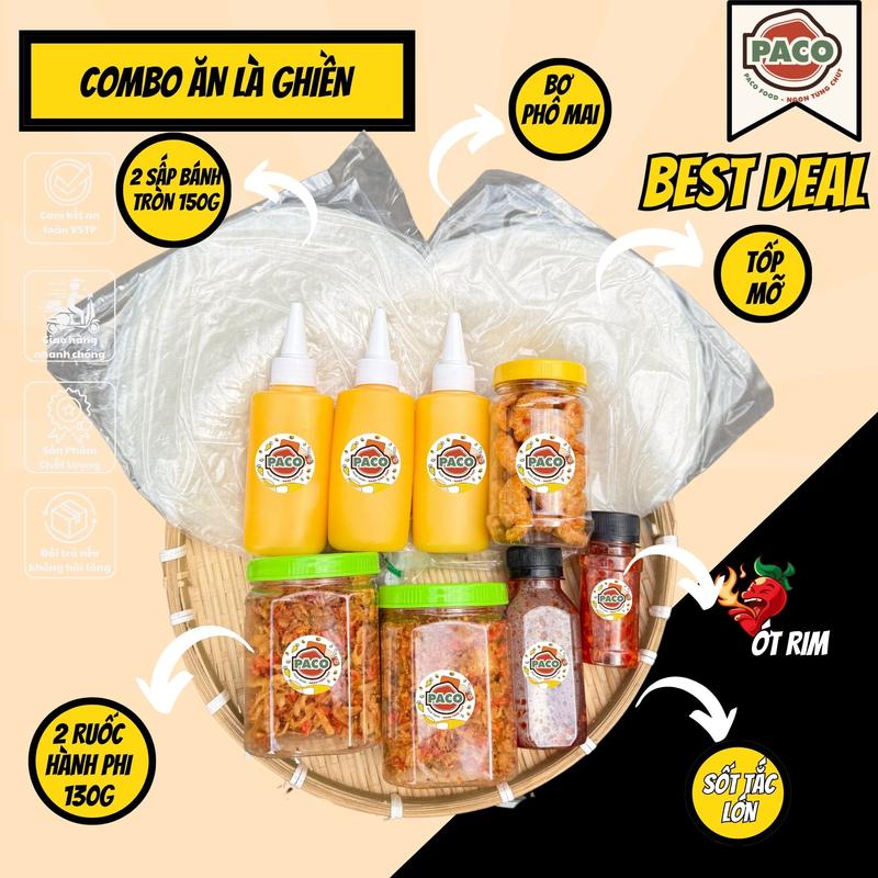 [ĂN LÀ GHIỀN] combo bánh tráng phơi sương gồm 300g bánh tráng 2 hủ ruốc hành phi 1 hủ tóp mỡ kèm 3 chai bơ phô mai thơm ngon sốt tắc ớt rim