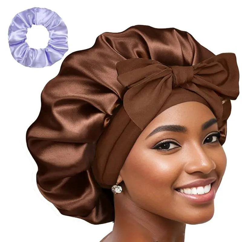 SPRINSOO 1 Count Solid Color Bonnet With 1 Count Shinning Scrunchy, Soft Silk-like Bonnet for Sleeping, Protecting Hair Bonnet Silky Night Cap Hair Care Hat with Tie Band Bonnets, Christmas Gift, Silk Head Scarf for Bed