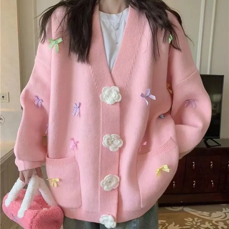 Áo Khoác, Màu Pastel, Cổ Chữ V Có Nơ, Áo Cardigan Dệt Kim 3D, Hàng Mới Về, Dáng Rộng Vừa Vặn, Phong Cách Ngọt Ngào Áo Len Cho Nữ, Thích Hợp Cho Mùa Thu Và Mùa Đông 0