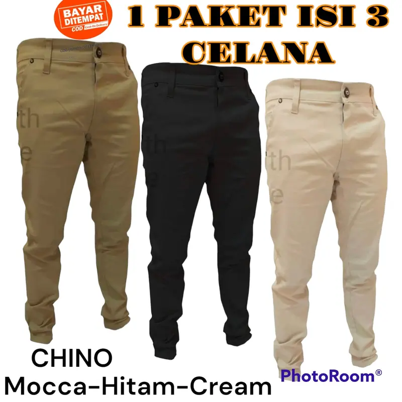 PROMO MURAH!!!! 100 RIBU 3 PCS CELANA CINO PANJANG PRIA Slim-fitting Katun Hitam Polos Chino Melar chinos 1