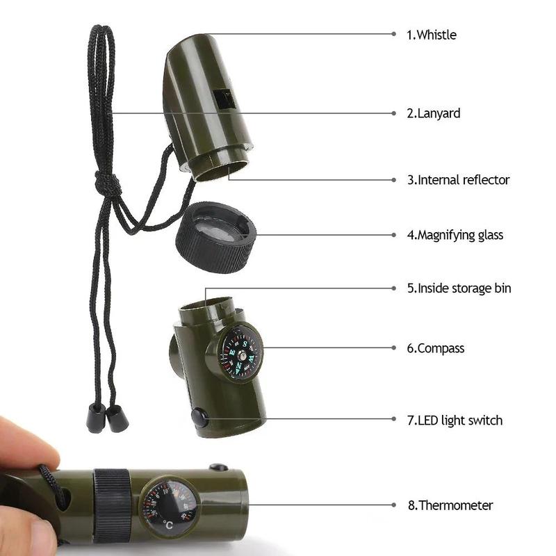 Product Introduction of 7 in 1 Multifunction Whistle Portable Emergency Survival Whistle with Compass Thermometer Flashlight Camping Hiking Outdoor Tool 28