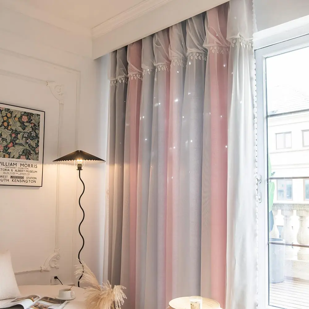 Double Layer Tassel Decor Curtain (1 Piece), Modern Gradient Fabric Curtain, Decorative Curtain for Home Living Room Bedroom