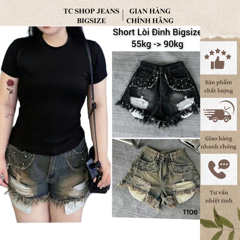 TCSHOPJEANS Quần Short Jean 40kg đến 90kg Túi Lòi Rách Viền Đinh BIGSIZE MS 1106 Nữ Women Pants Denim