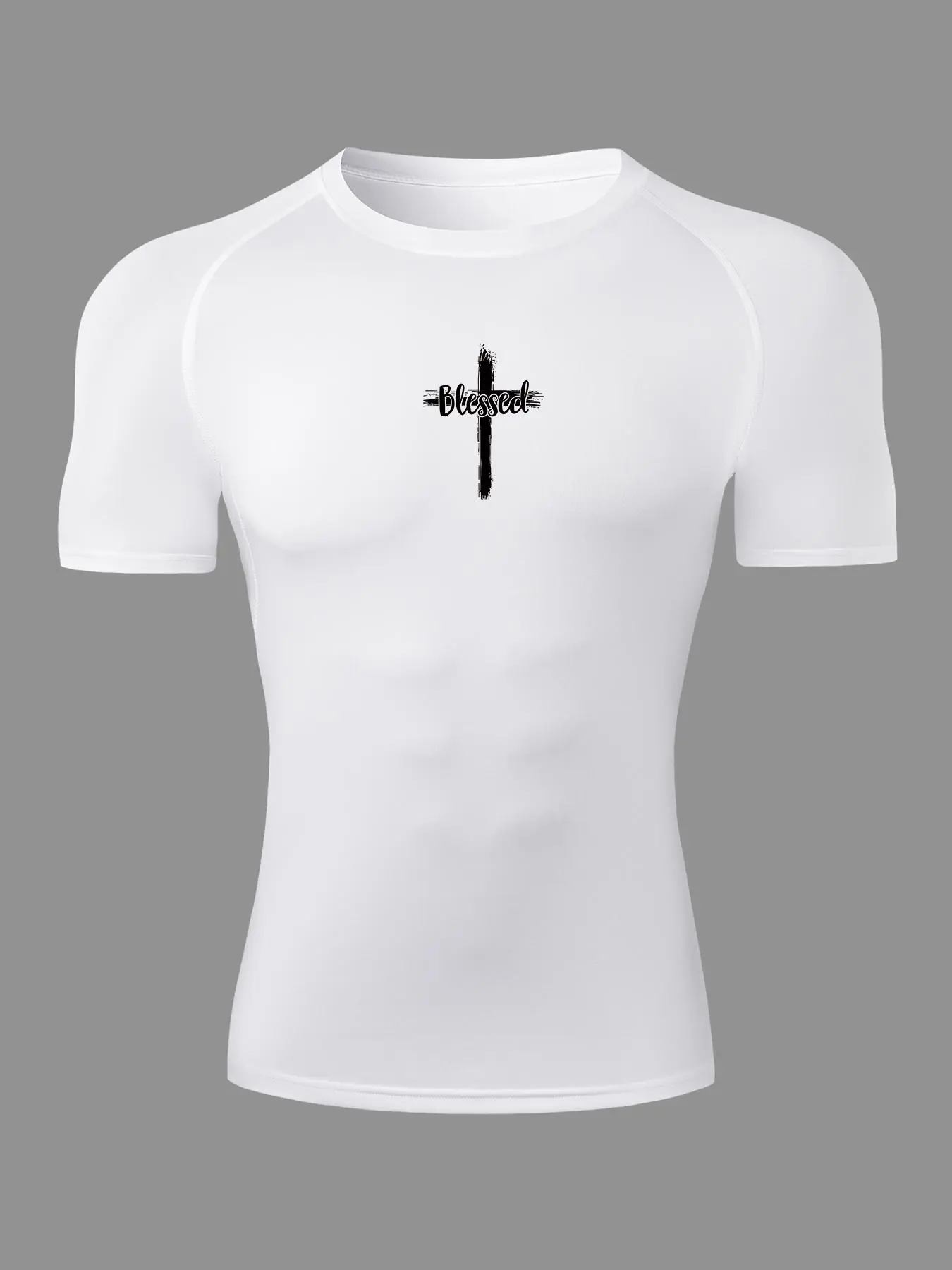 Men's Cross Print Round Neck Short Sleeve Tee, Regular Fit Sporty Quick Drying Breathable T-shirt for Gym Workout Running, Men's Summer Top for Daily Wear