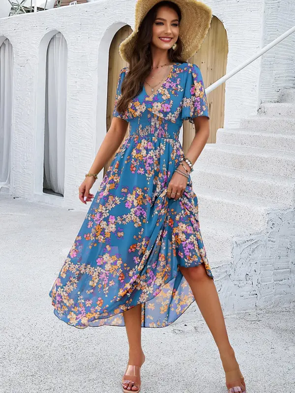 Women's Floral Print Shirred V Neck A Line Dress, Boho Fashion Short Sleeve Long Dress for Beach Vacation Holiday Wedding Guest, Ladies Dress for Summer 2