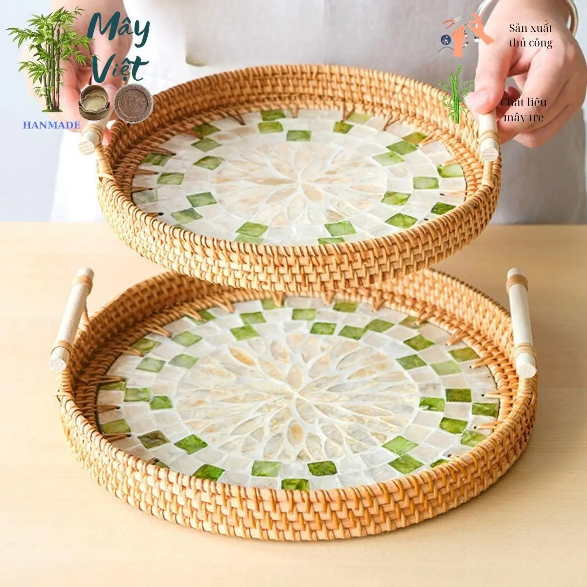 Khay mây khảm trai đan tay thủ công Việt Nam MÂY VIỆT đựnġ bánh kẹo hoa quả, mĩ phẩm trong khách sạn, phòng khách