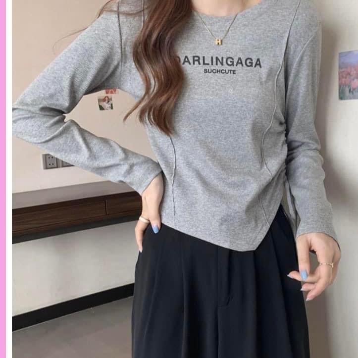 Áo thun nữ tay dài cổ tròn rút eo vạt chéo free size thời trang vải thun gân co dãn tốt < 60 kg áo thun thắt eo nữ 1
