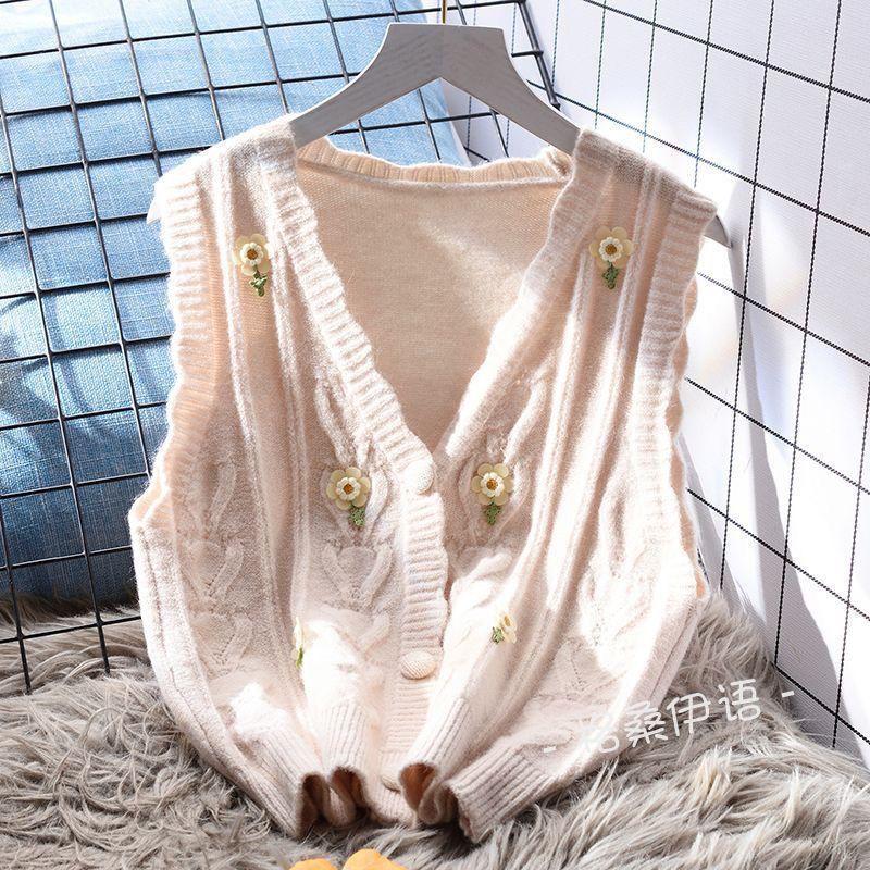 Áo Vest Dệt Kim Thêu, Cổ Chữ V Nhẹ Nhàng, Dáng Rộng Vừa Vặn, Dành Cho Nữ, Hàng Mới Về Mùa Thu, Áo Mặc Bên Ngoài Hàn Quốc, Áo Len Không Tay Áo Cardigan Women Top 5