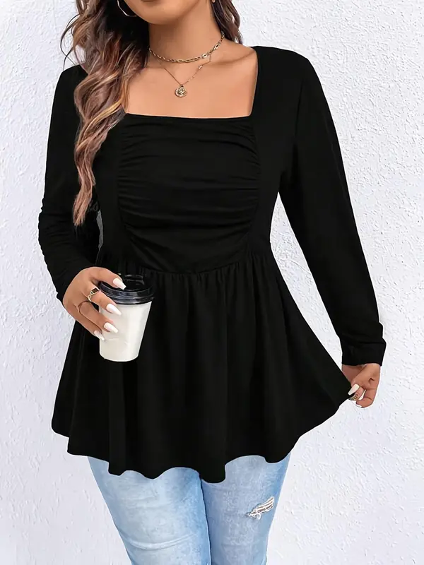 Plus Size Solid Ruched Peplum Tee for Summer, Summer Clothes, Casual Elegant Square Neck Long Sleeve T-shirt for Spring & Fall, Women's Plus Clothing for Daily Wear 3