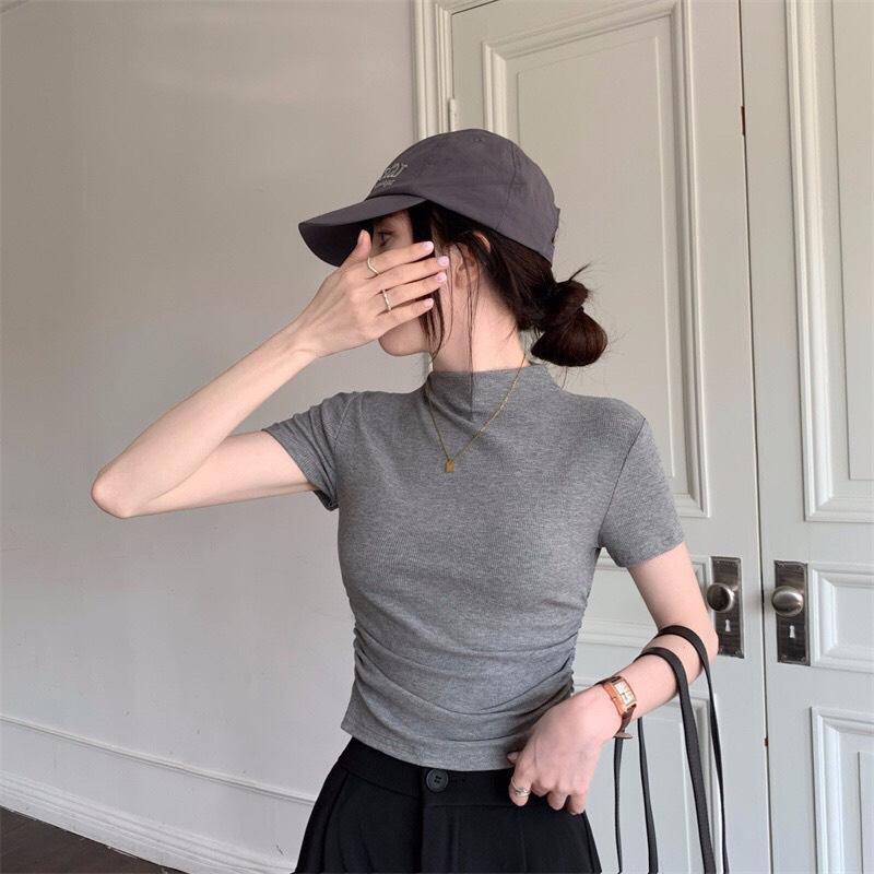 Áo thun Nữ croptop rút eo nữ, áo thun tăm mềm mịn Women Dáng Ngắn Cổ Tròn 7