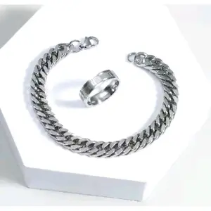 PROMO HYPE...!!! Satu Set Gelang dan Cincin Model Rapat Titanium Pria dan Wanita Anti Karat dan Anti Pudar Bracelets Aksesoris Fashion - silver, 15 cm