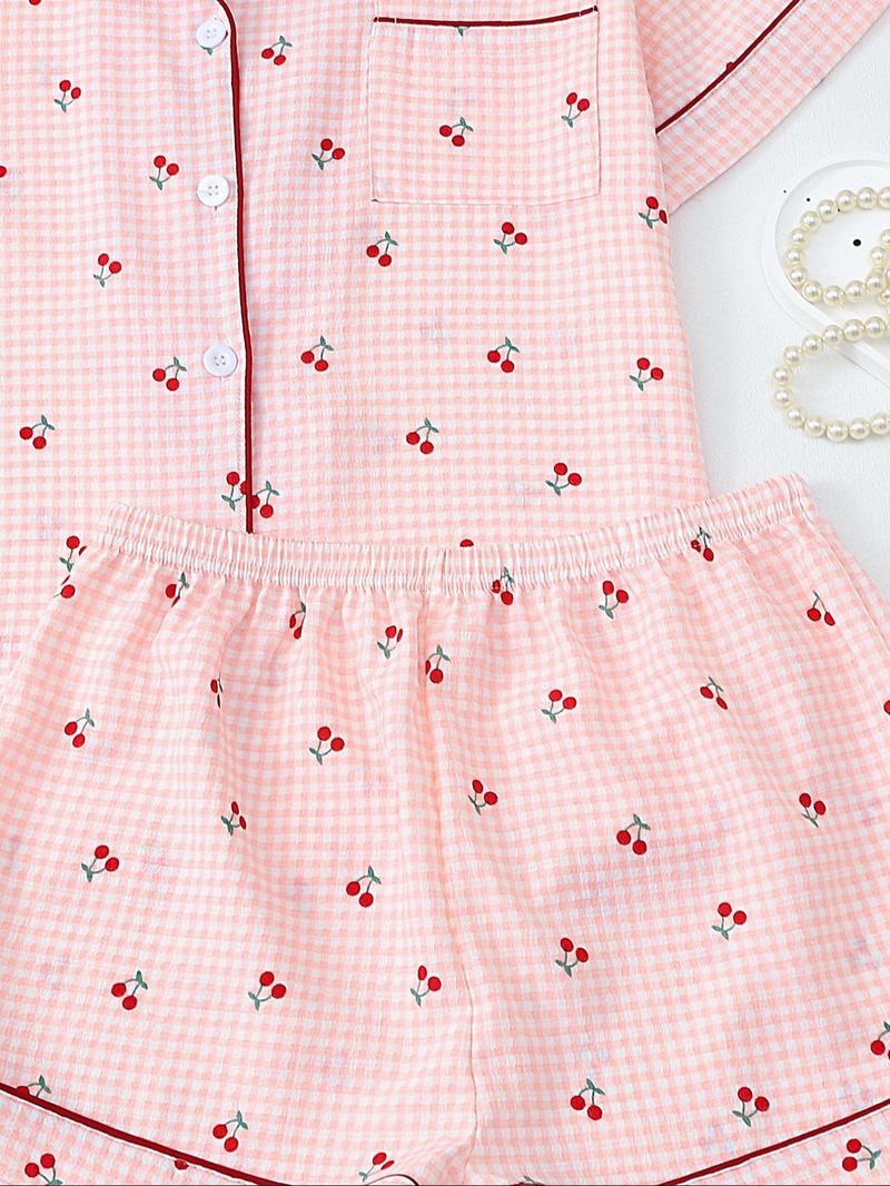 Product Introduction of Women's All Over Print Short Sleeve Top & Shorts Pyjama Two-piece Set, Casual Comfy Top  & Shorts Set, Ladies Sleepwear for All Seasons 5