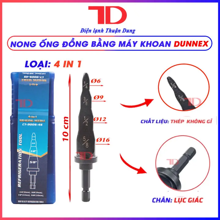 Nong ống đồng bằng khoan Dunnex, model CT-900S-4S, công cụ mở rộng ống 4 trong 1, phi ống (ø6-10-12-16) di động bằng thép chuyên nghiệp, Điện Lạnh Thuận Dung 0