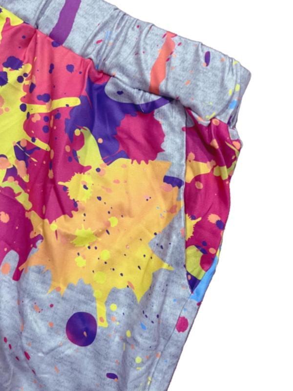 Plus Size Two-Piece Set Colorful Graffiti Print Tee & Elastic Waist Shorts Two-Piece Set, Casual Round Neck Short Sleeve T-shirt & High Waist Shorts, Women's Outfits for All Seasons 8