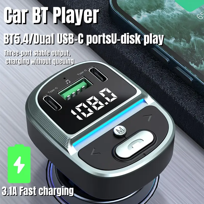 Car MP3 Player FM Transmitter, Dual USB Fast Charging Type-C USB One-click Free Hands-free Call Wireless Car Charger Audio Receiver 5