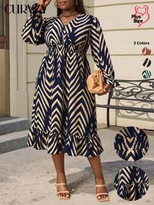 CURVZY Plus Size Geometric Print Shirred Ruffle Flounce Sleeve Dress, Elegant V Neck Long Sleeve A Line Dress for Autumn & Winter, Women's Clothes for Daily Wear, Plus Size Dresses