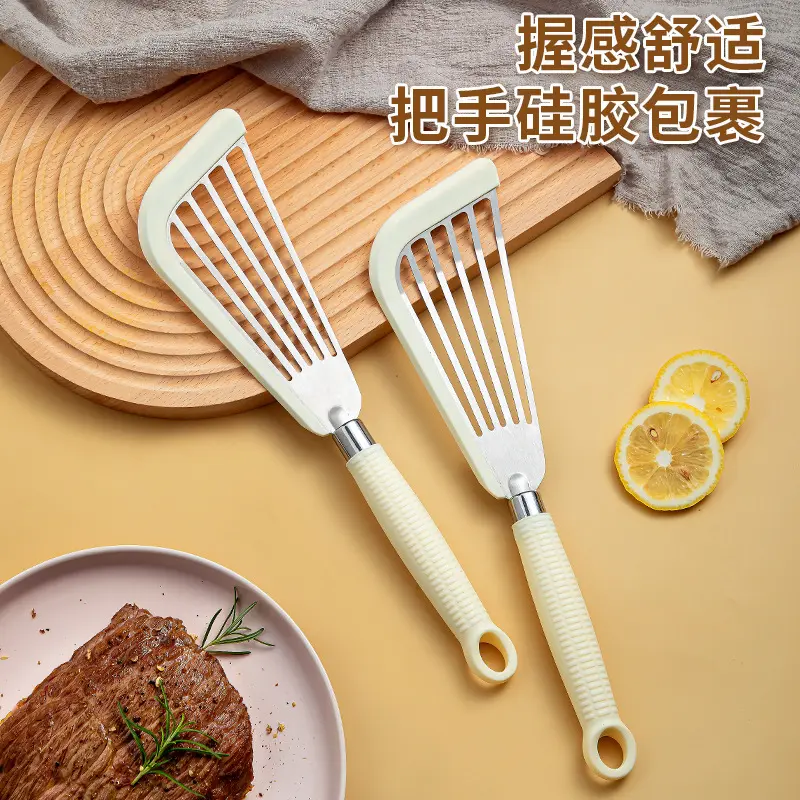 Xẻng thép không gỉ, để chiên cá, tay cầm silicon, thìa steak, xẻng hình quạt, chịu nhiệt độ cao, bộ đầu quay Silica Gel, nấu ăn, cấp thực phẩm