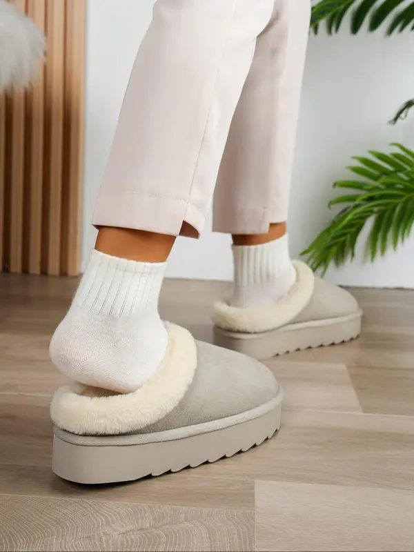 Solid Color Plush Platform Slide Slippers, 2024 Soft Fluffy Thick Soled Bedroom Slippers, Warm Matching Home Slippers Footwear for Girl, Comfort Walking Shoes 5