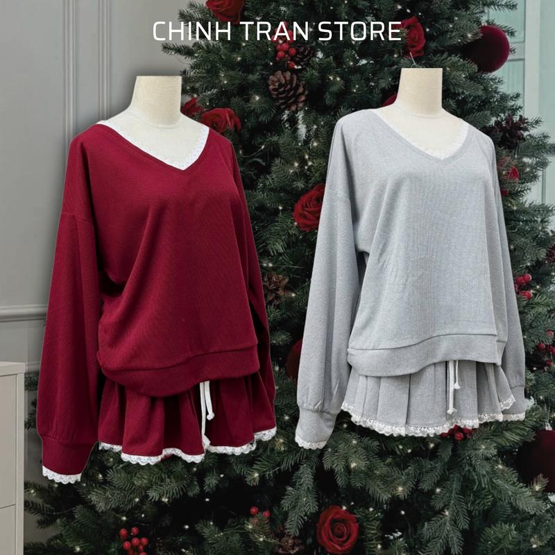 Set Bộ Áo Và Chân Váy Phối Ren Form Rộng Cổ V Đơn Giản Dễ Thương