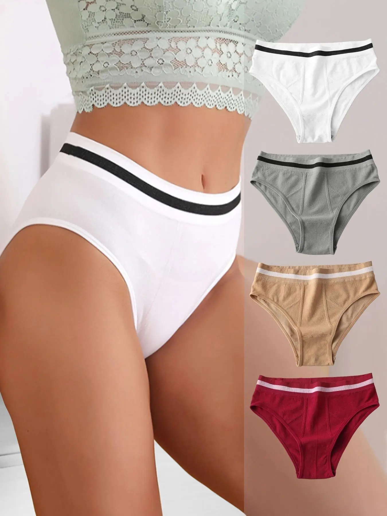 Women's 4pcs Contrast Binding Knicker, Soft Comfy Breathable Panty For Daily Wear, Women's Underwear For All Seasons