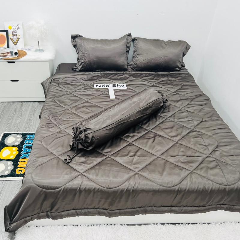 Bộ Chăn Gra Phi Lụa 5 Món Màu Xám Đậm - Set 4 món không mền , set 5 món có mền - Nhà Shy