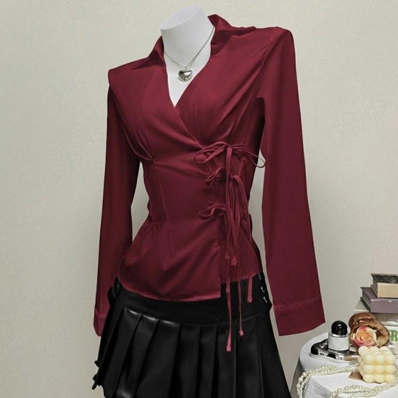 Thời trang Tay áo dài Áo sơ mi ôm dáng Cổ chữ V Harajuku Áo sơ mi nữ có dây…