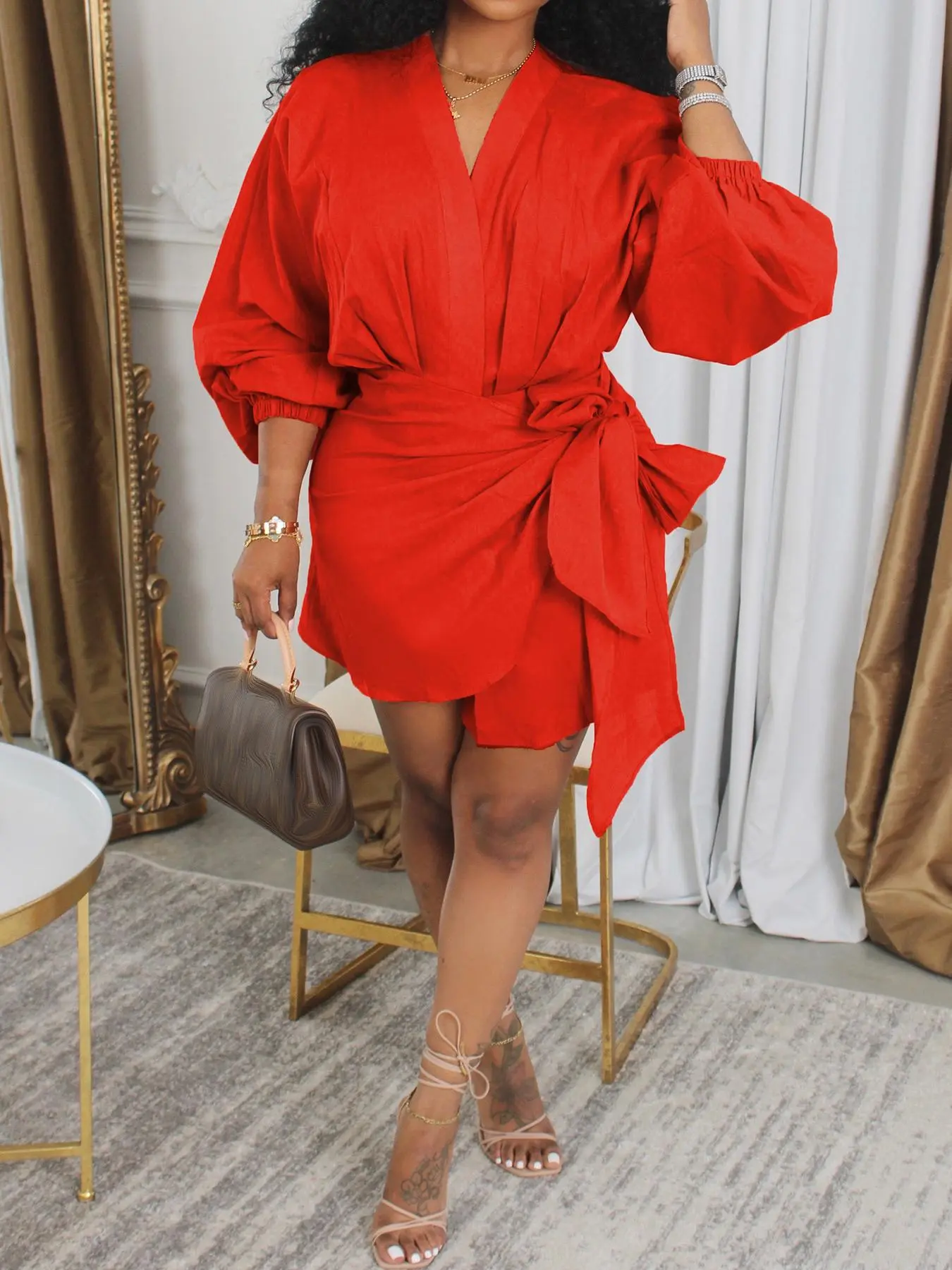Women's Plain Knot Front Wrap V Neck Dress, Elegant Bishop Sleeve Tie Front Short Dress for Party Holiday Wedding Guest, Ladies Clothes for All Seasons