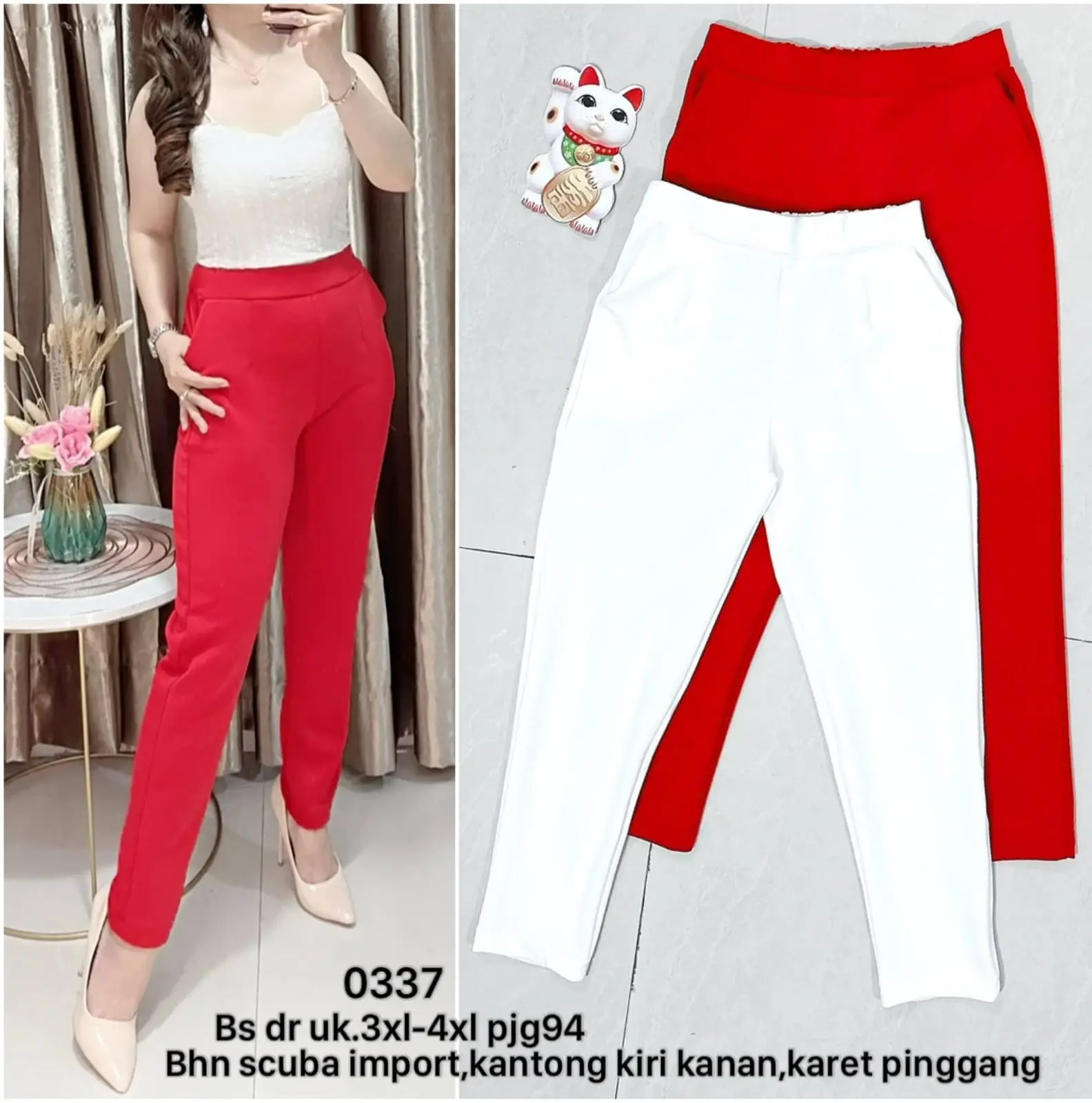 Celana bahan scuba import , kantong kiri kanan , karet belakang 0337/0413