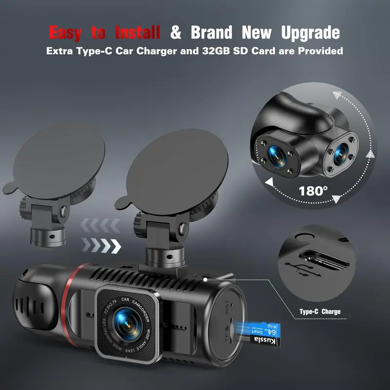 2025-New  Dash Cam Front and Rear Inside 3 Channel Dashcam for Cars 1080P with 64GB Card Adjustable Lens 3 Ways Triple Camera with Night Vision, G-sensor, Loop Recording, Parking Monitor 5