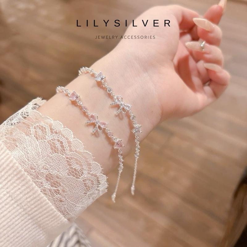 Lắc tay bạc nữ Lily Silver, vòng tay charm nơ phối đá tim xinh xắn dễ thương chất liệu bạc s925
