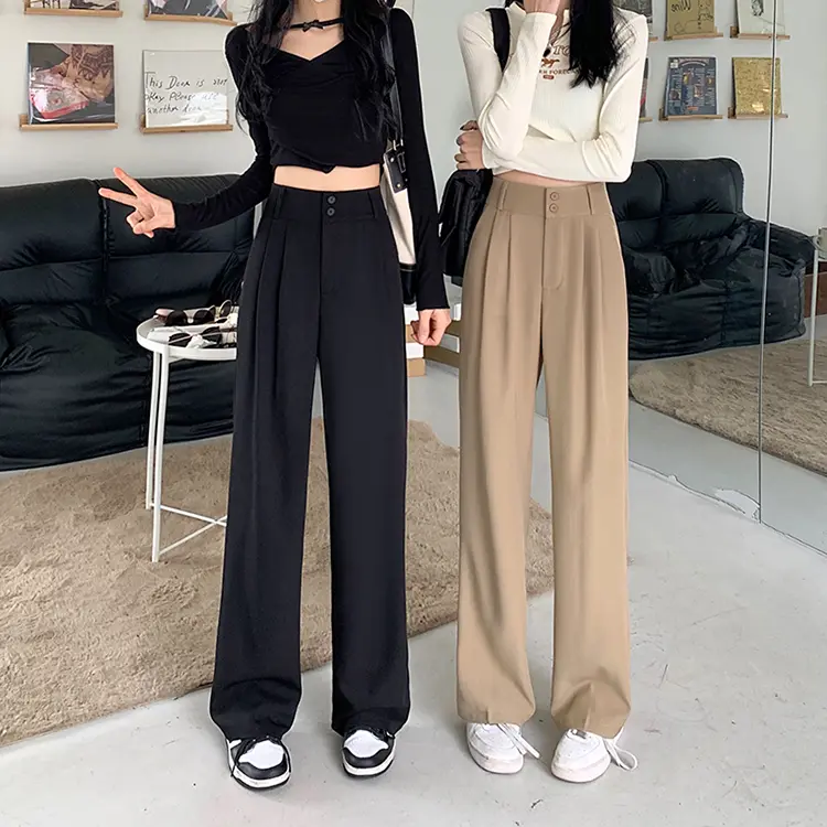 Quần Thường Ngày Mùa Hè, Mỏng, Màu Đen, Dành Cho Nữ, Dáng Ôm, Quần Ống Rộng, Cạp Cao, Kiểu thụng, Quần Phù Hợp Thun Ong Women Pants