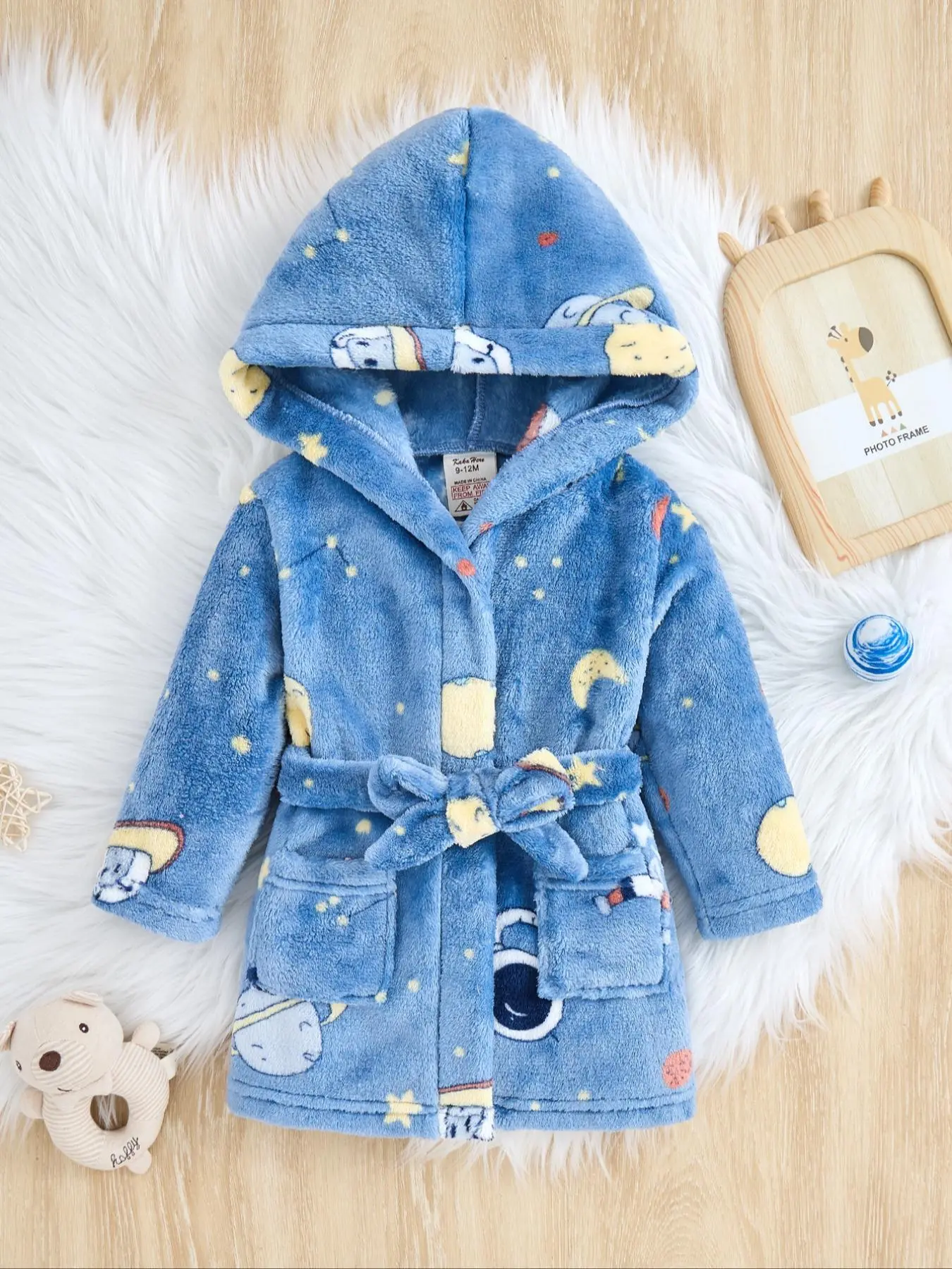 Boy's Cartoon Pattern Plush Hooded Bathrobe, Cute Thermal Warm Comfortable Long Sleeve Pocket Belted Bathrobe, Kids Sleepwear for Fall & Winter