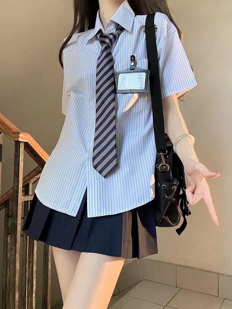 Product Introduction of Three-Piece Summer New Japanese College JK Striped Shirt Short Sleeve Student All-Matching Pleated Skirt Anti-Aging Outfits 19
