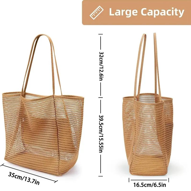 Mesh Beach Bag, Waterproof Woven Straw Beach Bag with Inner Bag, Summer Camping Travel Bag, Net Bag, Mother Plot Gift 1