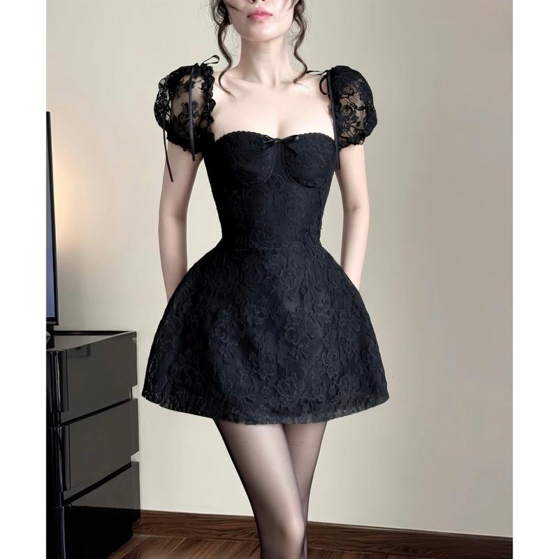   UnihomePREMIUM   40-80kg  Đầm Váy Ren Cúp Ngực Viền Ren Tùng Xòe Tay Bồng Mặc Đi Chơi  Có BigSize  CH382 