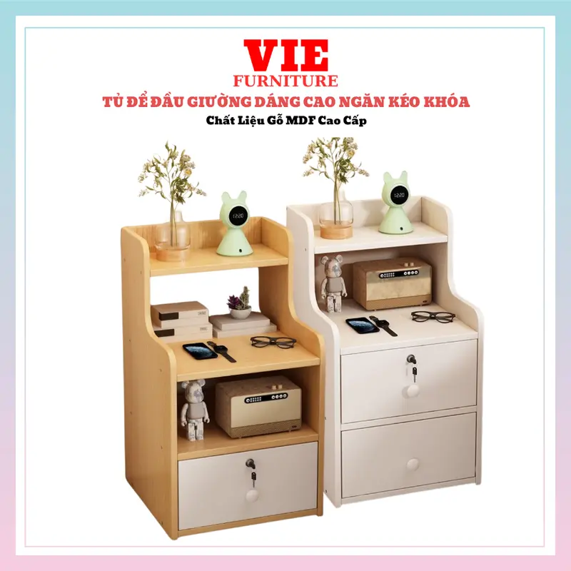 Tủ Để Đầu Giường - Tab Đầu Giường Dáng Cao Có Ngăn Kéo Khóa Gỗ MDF Cao Cấp Kiểu Dáng Sang Trọng 0