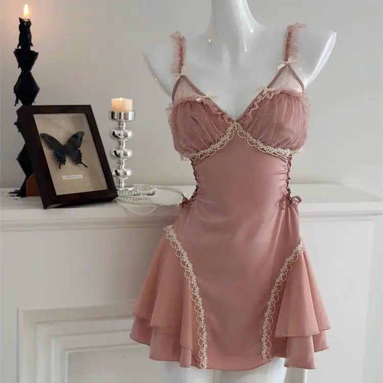 V06  Váy ngủ viền ren mềm mịn,cột eo,(có mút + dây cột eo 2 bên)Hàng QCCC 5