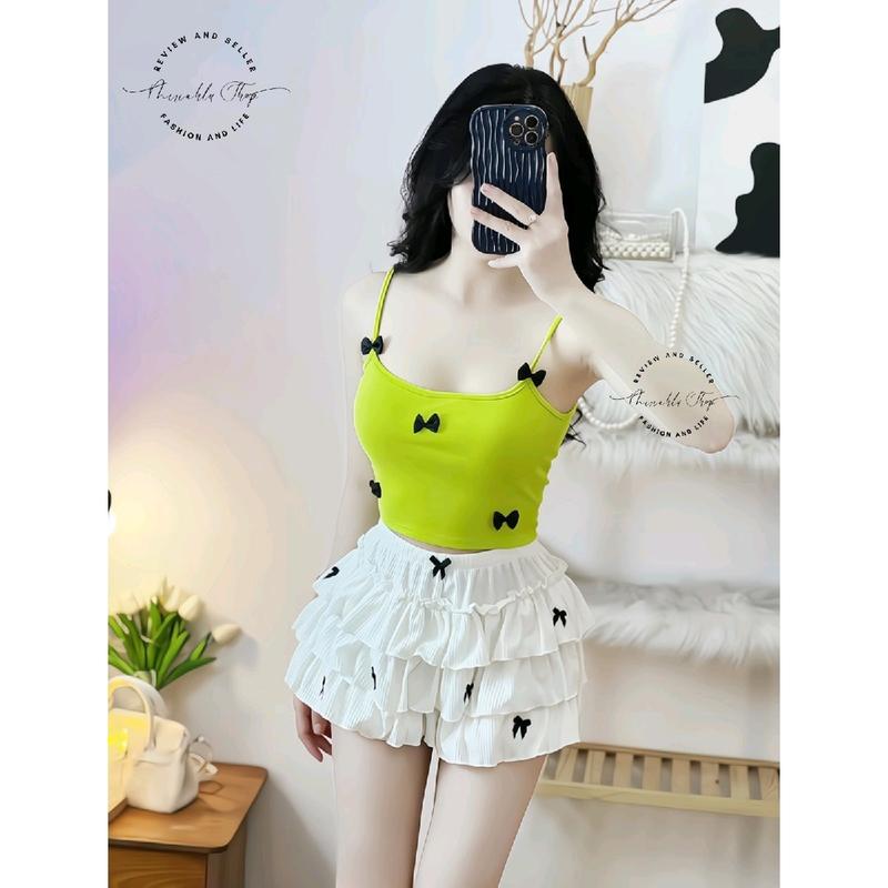 Set Nơ Đẹp, Áo Bra 2 Dây Borip Ôm Body Phối Kèm Quần Tầng Len Gân Đính Nơ, Nữ Women Kem