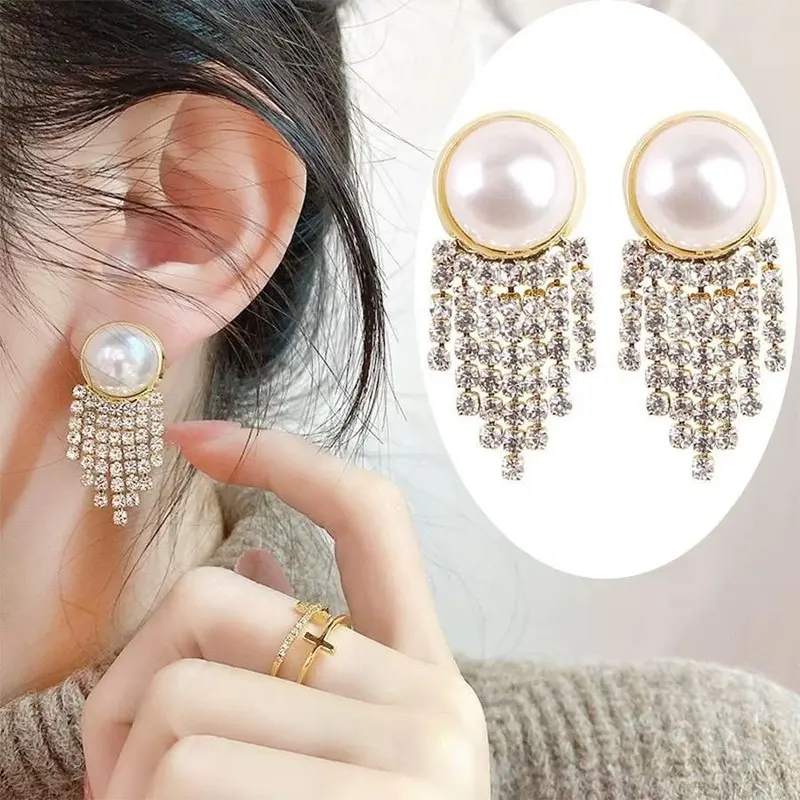 Anting Kancing Rumbai Mutiara Anting Menjuntai Mutiara Kristal 0
