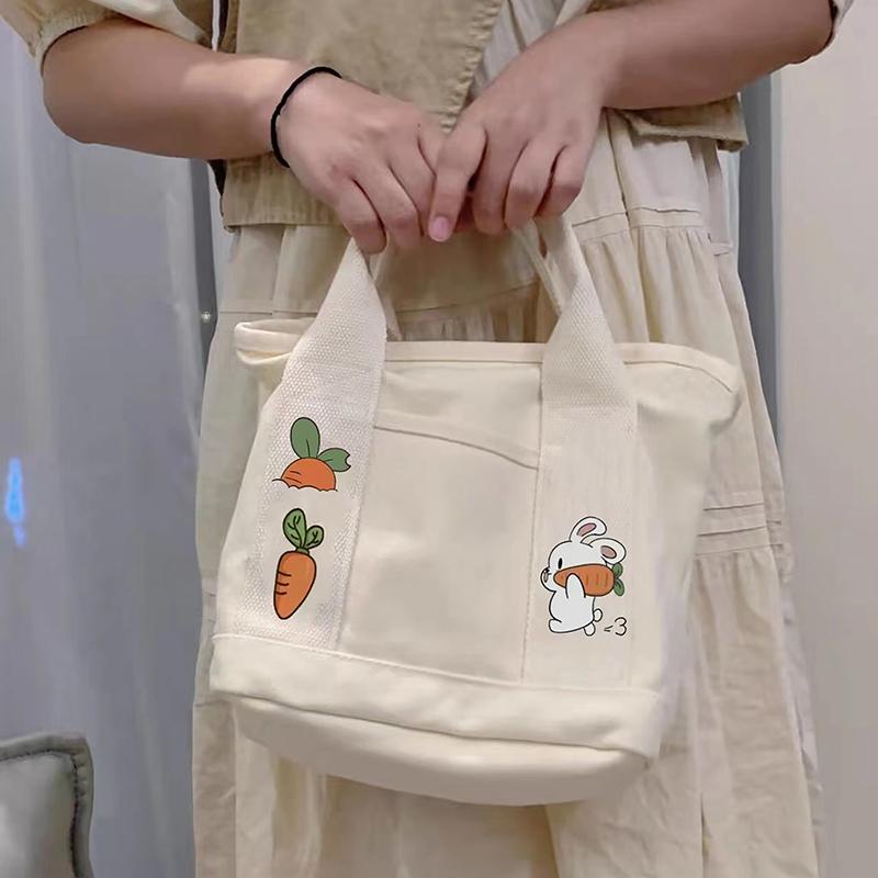 Product Introduction of 1PC Cartoon Rabbit Carrot Women Handbag Canvas Women's Tote Bag Portable Large Capacity Multi Pocket Lunch Bag 20