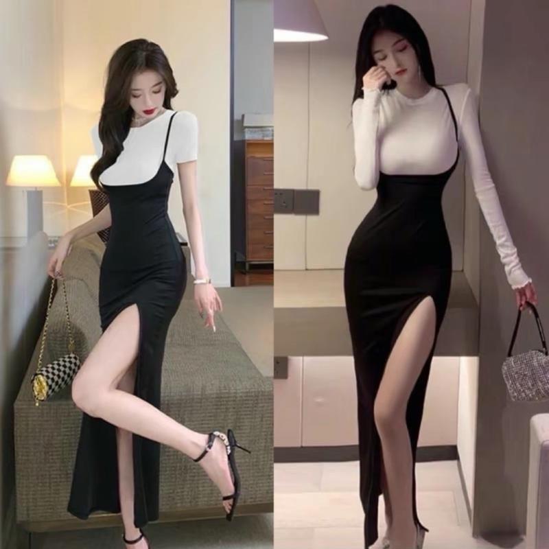 Set Bộ Đầm Yếm Dài Xẻ Đùi Phối Áo Thun Tay Dài Hàng VNXK Thích Hợp Mặc Đi Làm Đi Chơi Nữ Women mã h71