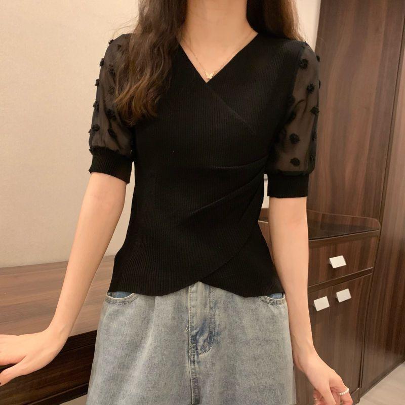 Product Introduction of Áo Thun Thiết Kế Voan Dáng Ôm, Knatwear, Cổ Chữ V, Ngắn, Dành Cho Nữ, Màu Đỏ Ngủ, Quần Áo Nữ 17