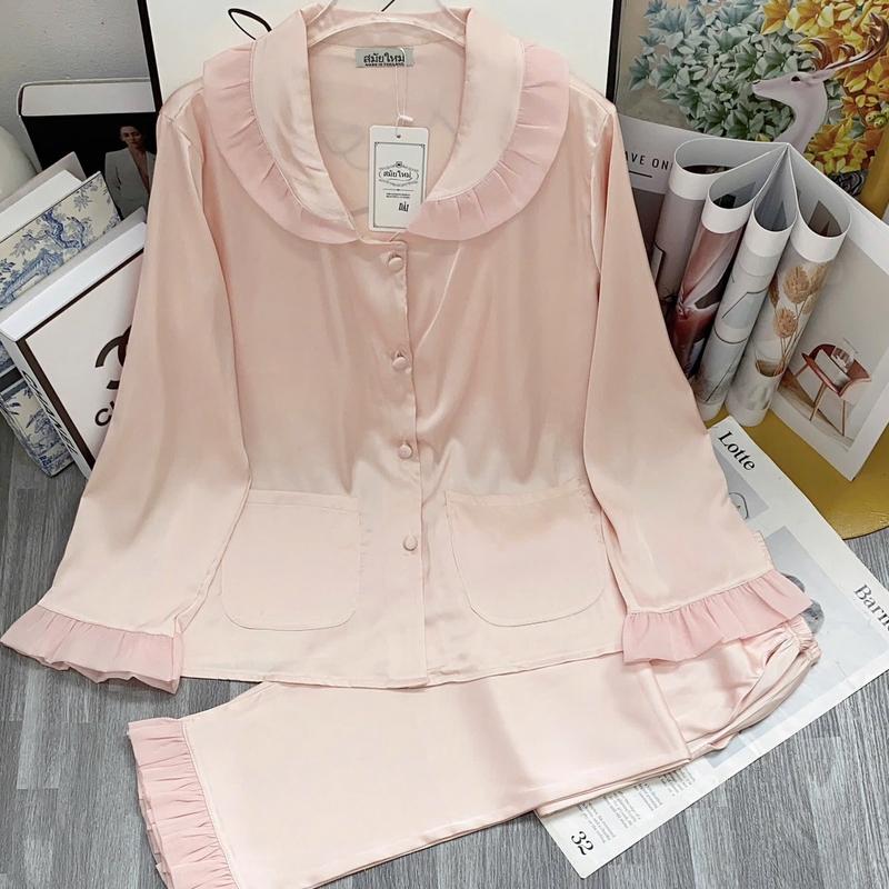 Bộ đồ mặc nhà pizama tay dài quần dài CỔ BÈO phối voan chất vải lụa latin mềm mịn dành cho nữ từ 45-65kg pijama ngủ
