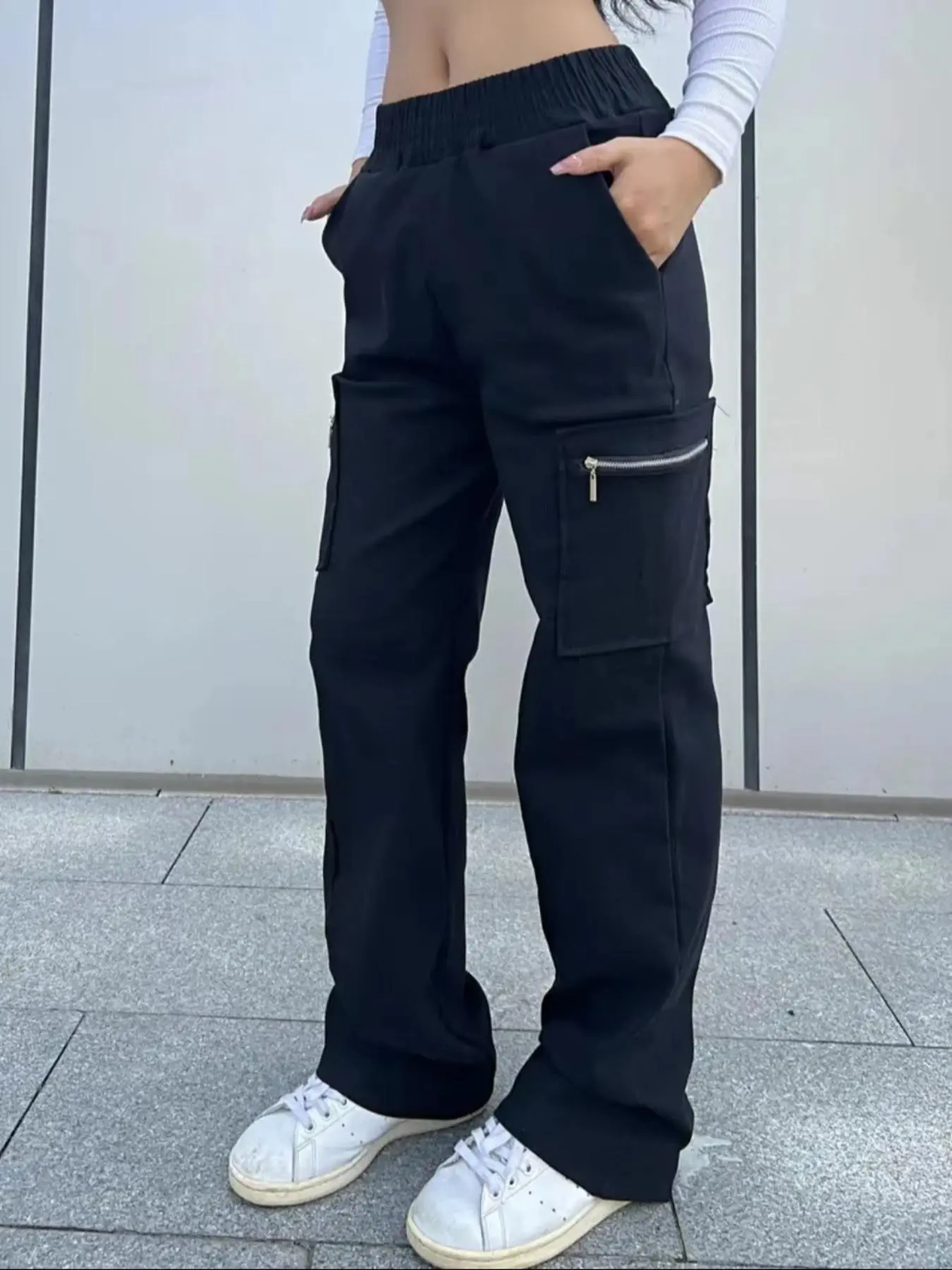 Women's Plain Pocket Zipper Cargo Pants, Casual Street Elastic Waist Trousers for Daily Wear, Ladies Bottoms for All Seasons