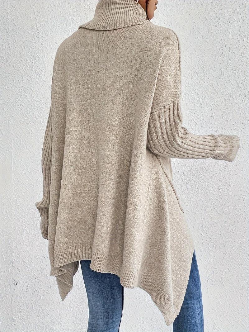 Product Introduction of Women's Plain Asymmetrical Hem Turtleneck Sweater, Casual Long Sleeve Drop Shoulder Jumper for Fall & Winter, Women's Knitwear for Daily Wear 13