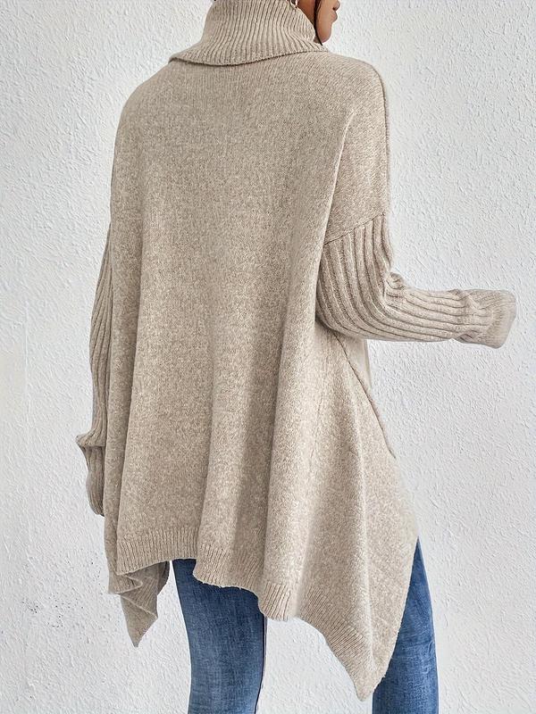 Women's Plain Asymmetrical Hem Turtleneck Sweater, Casual Long Sleeve Drop Shoulder Jumper for Fall & Winter, Women's Knitwear for Daily Wear 1