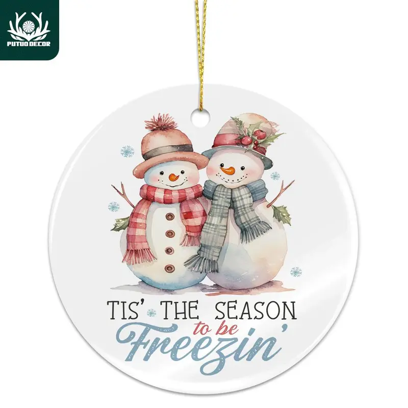 Snowman Pattern Hanging Sign, 1 Count Ceramic Wall Art Decoration, Christmas Tree Decor for Home Xmas Party Living Room Cafe Office Farmhouse Coffee Shop Dinner Room 0