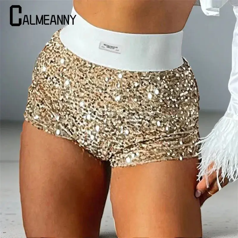 Women Sequin Short Pants 2025 Summer Sexy Elastic New Style Fashion High Waist Skinny Party Club Raves Pole Dance Shorts Trend